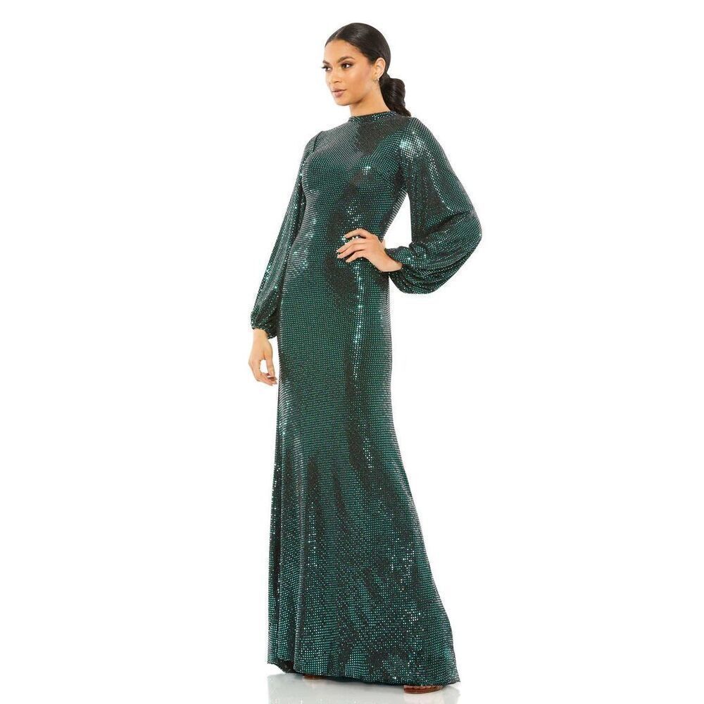 Mac Duggal NWT Disco Stretch Blouson Sleeve Gown in Bottle Green Size 8